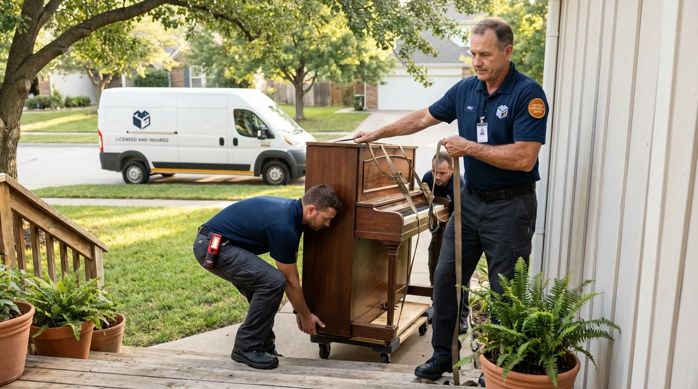 Licensed piano movers securing grand piano in Chester, PA