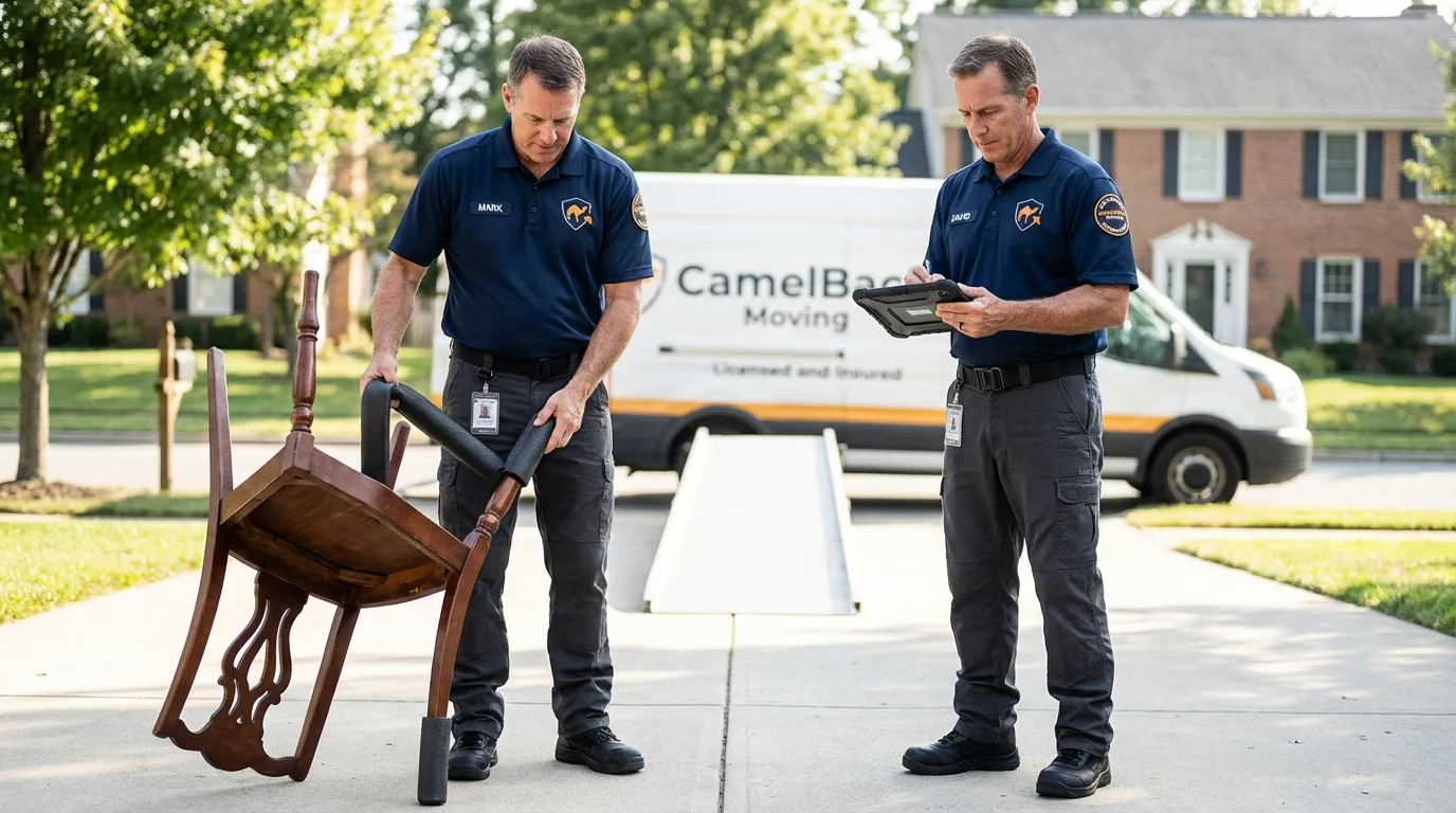 Movers inspecting furniture for damage prevention before loading in Chester, PA